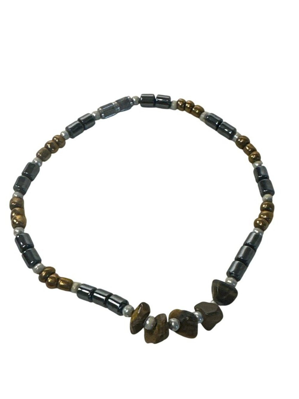 Tigers Eye & Hematite Bracelet Beaded Stretch 7" Natural Stone Jewelry Unisex